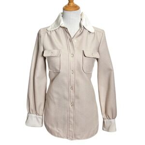 Vintage 70s Buttons by Hili Houndstooth Dagger Collar Shirt M Tan White ILGWU